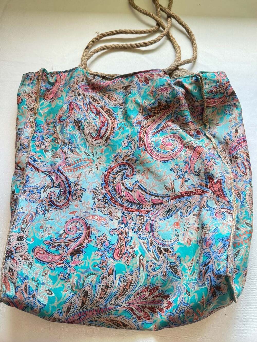 Boho Paisley Tote Bag Jute Burlap Rope Handle Beach Vacation Resort Shoulder Bag